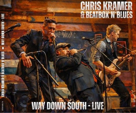 "Chris Kramer & Beatbox 'n' Blues – Way Down South - Live". Illustration einer Band bei einem Live-Auftritt auf der Bühne.