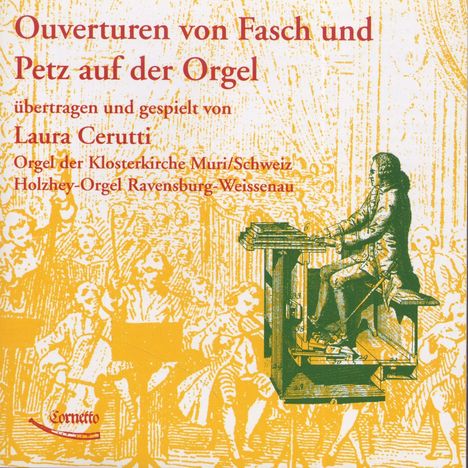 "Ouverturen von Fasch und Petz auf der Orgel", gespielt von Laura Cerutti. Illustration: Organist an einer Orgel, Publikum im Hintergrund.