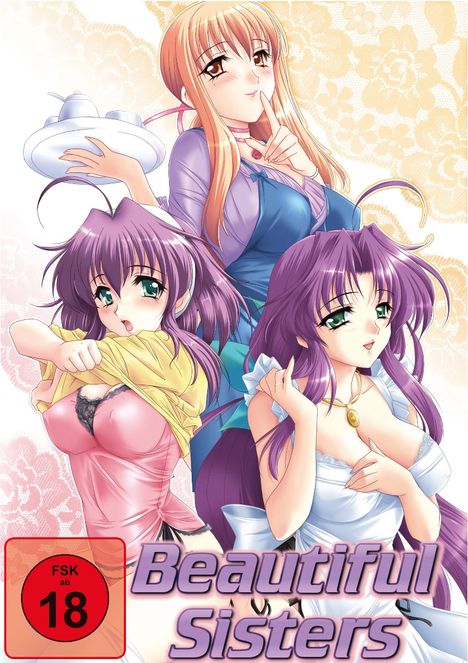 "Beautiful Sisters" steht oben in der Illustration mit drei Anime-Frauen in aufreizenden Posen. FSK 18 Hinweis unten links.