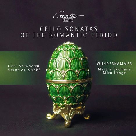 "Cello Sonatas of the Romantic Period" in Weiß. In der Mitte ein grünes Eideschmuckstück auf goldenem Standfuß.