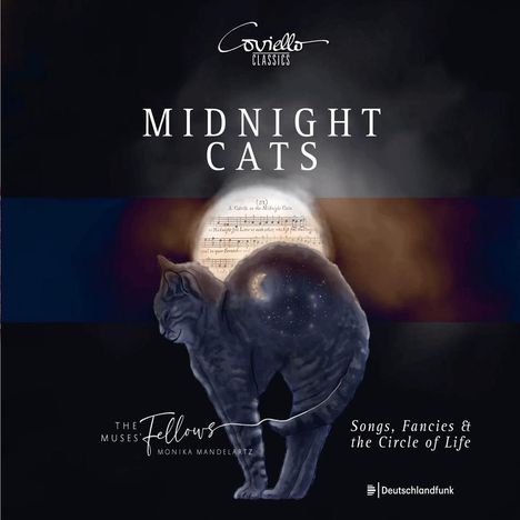 Text: "MIDNIGHT CATS", "THE MUSES' FELLOWS", "MONIKA MANDELARTZ", "Songs, Fancies & the Circle of Life". Eine Katze mit Galaxie.