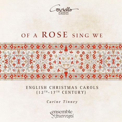 "Of a Rose Sing We" in Rot, mit dekorativem Muster. "English Christmas Carols (12th-17th Century)" darunter.