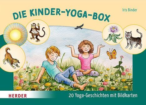 „DIE KINDER-YOGA-BOX“, „20 Yoga-Geschichten mit Bildkarten“. Zwei Kinder sitzen im Gras, umgeben von Tieren und Natur.