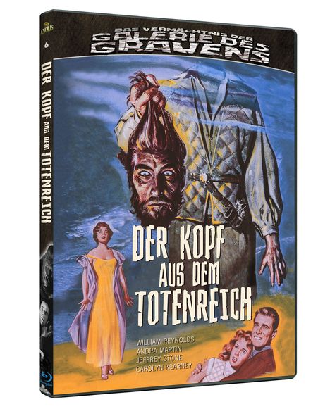 „Der Kopf aus dem Totenreich“. Illustration: Eine Frau in einem gelben Kleid, ein Mann hält einen abgetrennten Kopf.
