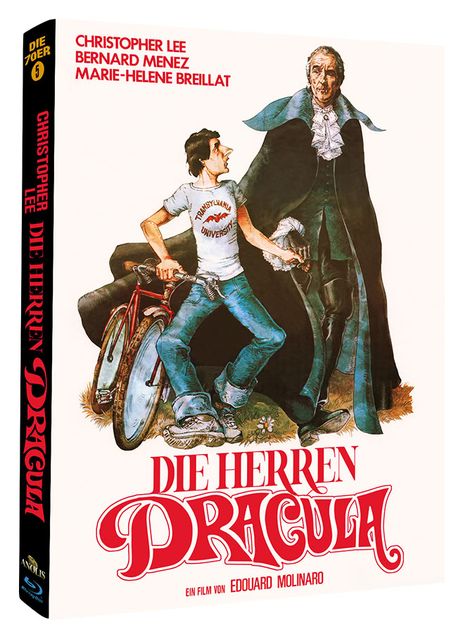 Titel: "DIE HERREN DRACULA", Besetzung: Christopher Lee u.a. Illustration mit einem jungen Mann und einem älteren Vampir.