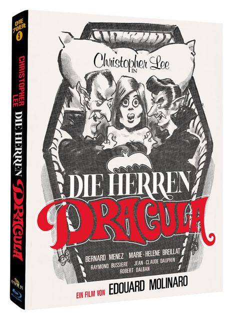 Text: "Christopher Lee in DIE HERREN DRACULA". Illustration: Zwei Vampire und eine erschrockene Frau in einem Sarg.