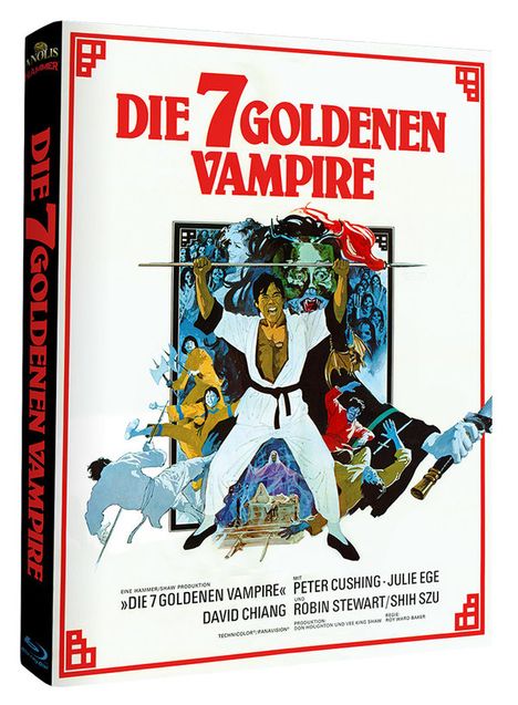 "Die 7 goldenen Vampire" in roter Schrift. Illustration: Kämpfer in weißem Anzug mit erhobenem Schwert, umgeben von Figuren.