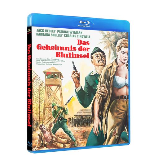 „Das Geheimnis der Blutinsel“. Illustration: Soldat mit Frau in zerrissener Kleidung, Wachtturm, Soldaten mit Waffen.