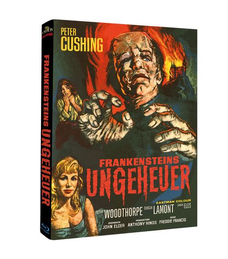 „FRANKENSTEINS UNGEHEUER“ in roter Schrift. Illustration eines Monsters mit erhobenen Händen und einer Frau im Hintergrund.