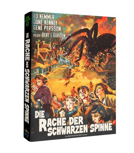Text: "Die Rache der schwarzen Spinne". Eine riesige Spinne über einer Stadt, Menschen in Panik flüchten. Retro-Illustration.