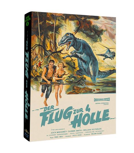 Text: "Der Flug zur Hölle." Illustration zeigt Menschen im Dschungel, Dinosaurier und Helikopter. Abenteuerliches Szenario.