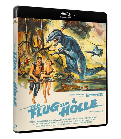 "Der Flug zur Hölle" in blauen Buchstaben. Illustration: Ein Mensch mit Gewehr, Frau und Dinosaurier in einem Dschungel.