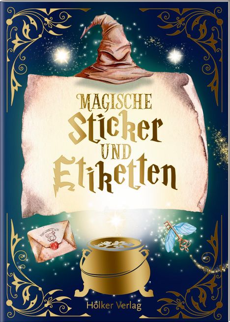 "Magische Sticker und Etiketten", Hölker Verlag. Ein Zauberhut, Pergament, goldener Kessel und mystische Symbole.
