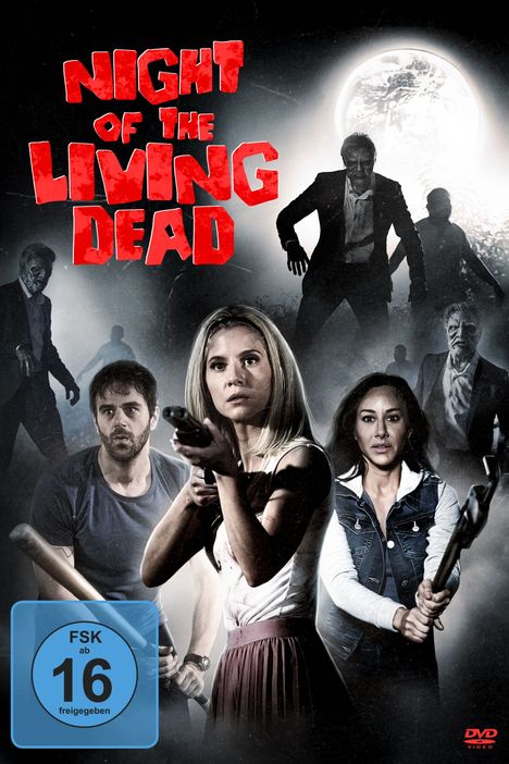 „NIGHT OF THE LIVING DEAD“ in Rot. Menschen mit Waffen, Zombies im Hintergrund, Vollmond, FSK 16 Symbol.