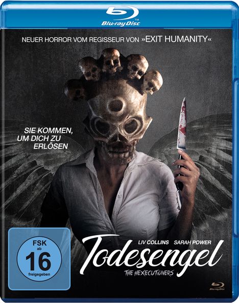 Titel: Todesengel. Texte: "Neuer Horror vom Regisseur von 'Exit Humanity'", "Sie kommen, um dich zu erlösen". Frau mit Maske, blutiges Messer.