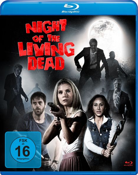 "Night of the Living Dead" in rotem Text. Menschen wirken verängstigt, halten Waffen, Zombies im Hintergrund bei Vollmond.