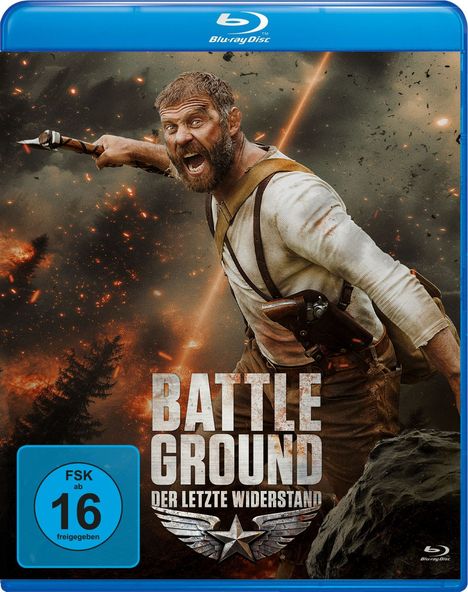 "Battle Ground: Der letzte Widerstand", FSK 16. Ein Mann in Kampfpose, umgeben von Explosionen und Funken.