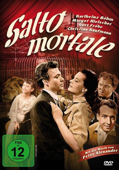"Salto Mortale", Namen der Schauspieler darüber, ein Paar eng umarmt, ein Kind mit Löwe im Hintergrund. FSK 12.