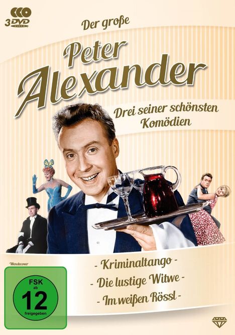 „Der große Peter Alexander: Drei seiner schönsten Komödien.“ Ein Mann im Anzug mit Tablett, Szenen aus verschiedenen Filmen.