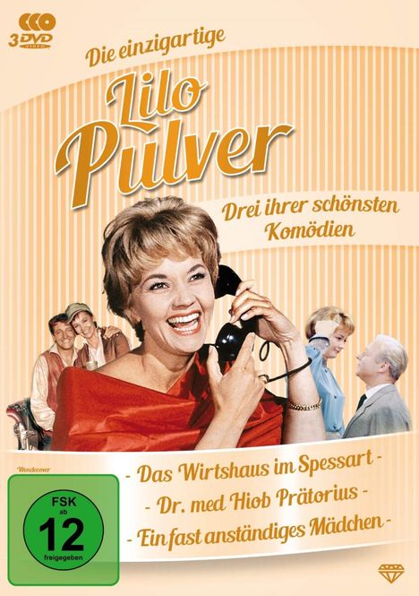 „Die einzigartige Lilo Pulver. Drei ihrer schönsten Komödien: - Das Wirtshaus im Spessart - Dr. med Hiob Prätorius - Ein fast anständiges Mädchen.“ Eine lachende Frau hält einen Telefonhörer.