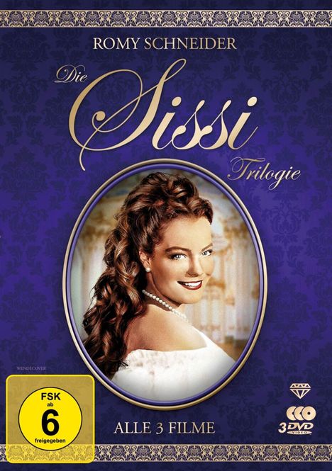 "Die Sissi Trilogie, alle 3 Filme, FSK ab 6". Porträt einer lächelnden Frau in eleganter Kleidung auf lilafarbenem Hintergrund.