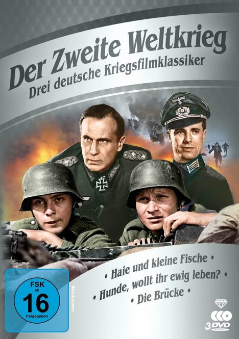 "Der Zweite Weltkrieg: Drei deutsche Kriegsfilmklassiker. Haie und kleine Fische, Hunde, wollt ihr ewig leben?, Die Brücke." 

Drei Soldaten, darunter zwei mit Helmen, in einem Kriegsszenario. FSK-Logo ab 16.
