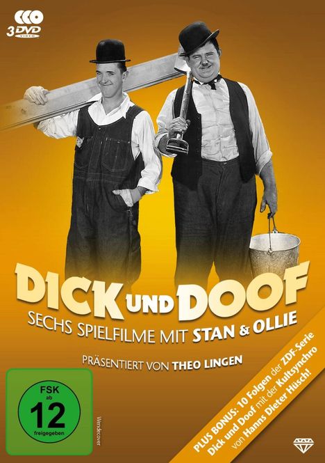 „DICK UND DOOF. Sechs Spielfilme mit Stan & Ollie. Präsentiert von Theo Lingen.“ Zwei Männer in schwarz-weiß mit Melone.