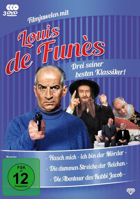 Filmjuwelen mit Louis de Funès. Drei seiner besten Klassiker: "Hasch mich - ich bin der Mörder", "Die dummen Streiche der Reichen", "Die Abenteuer des Rabbi Jacob". FSK ab 12 freigegeben. Vordergrund: Ein Mann in blauem Pullover mit ernstem Gesichtsausdruck und ausgestreckter Hand. Hintergrund mit verschiedenen humorvollen Szenen.
