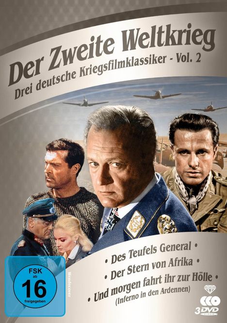 "Der Zweite Weltkrieg: Drei deutsche Kriegsfilmklassiker - Vol. 2." Vier Männer in Militäruniformen und Flugzeuge im Hintergrund.