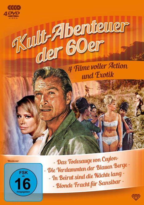 "Kult-Abenteuer der 60er: 4 Filme voller Action und Exotik. Titel: Das Todesauge von Ceylon, Die Verdammten der Blauen Berge, In Beirut sind die Nächte lang, Blonde Fracht für Sansibar. FSK ab 16 freigegeben." 

Illustration mit abenteuerlichem Thema zeigt Personen in exotischer Umgebung.