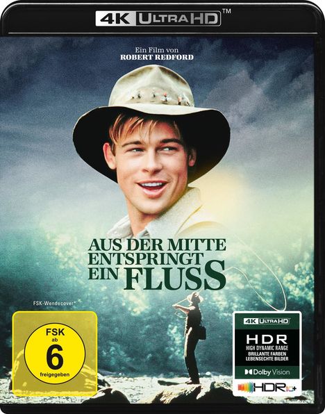 "Aus der Mitte entspringt ein Fluss", 4K UHD, ein Mann mit Hut und ein Angler, FSK 6 freigegeben, HDR Hinweis.