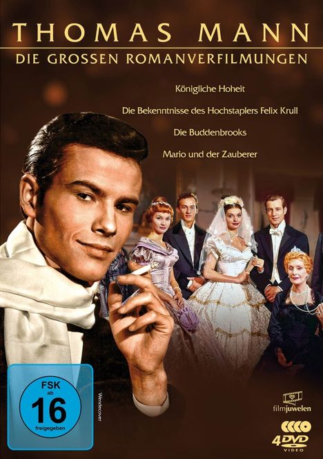 Oben steht "Thomas Mann: Die großen Romanverfilmungen". Ein Mann hält eine Zigarette, daneben elegant gekleidete Personen.