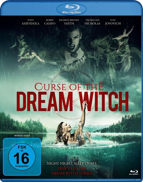 Titel: "Curse of the Dream Witch". Frau erscheint über einem See, Hände und Gesicht drohend erhoben.