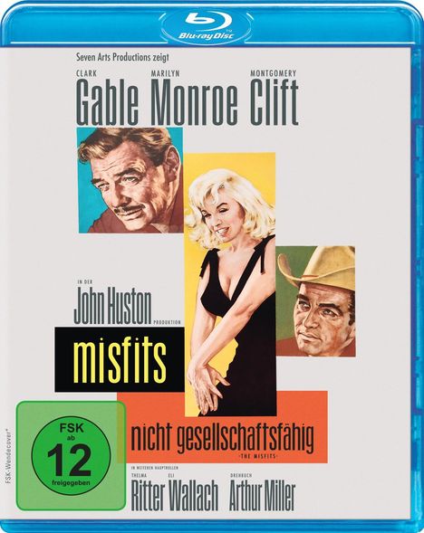 "Seven Arts Productions zeigt Gable Monroe Clift. misfits. FSK ab 12 freigegeben." Illustrationen von drei Personen.