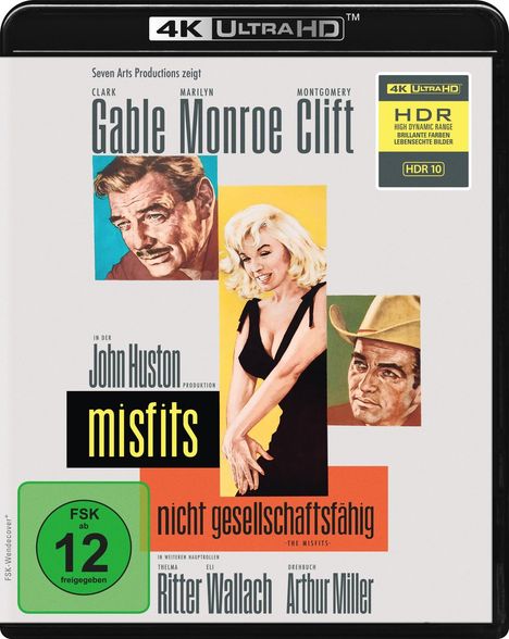 „Seven Arts Productions zeigt Clark Gable, Marilyn Monroe, Montgomery Clift in der John Huston Produktion Misfits.“  
Drei Porträts sind nebeneinander angeordnet.