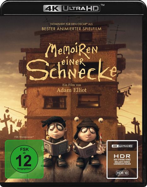 DVD-Hülle mit Text: "Memoiren einer Schnecke", "Ein Film von Adam Elliot", "FSK ab 12 freigegeben". Zwei Figuren lesen Bücher.