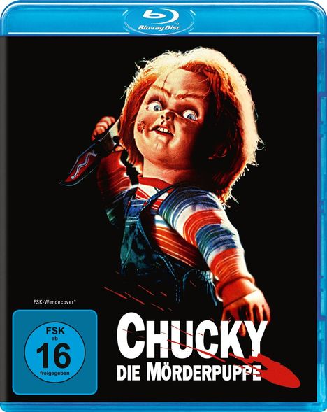 Text: "CHUCKY DIE MÖRDERPUPPE", "FSK ab 16 freigegeben". Bild zeigt eine unheimliche Puppe mit Messer.