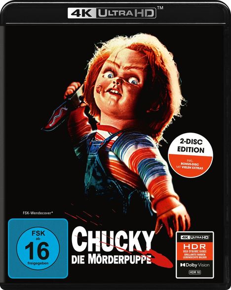 "Chucky: Die Mörderpuppe", 2-Disc Edition mit Bonus-Disc, FSK 16. Illustration von Chucky mit Messer.