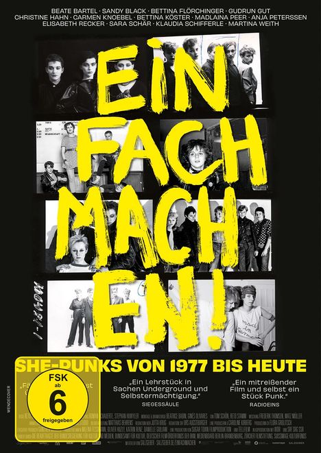 Oben Namen, zentral groß "EIN FACH MACH EN!", unten "SHE-PUNKS VON 1977 BIS HEUTE", Fotos von Punk-Frauen.