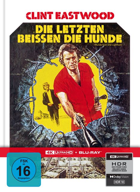 Text oben: "CLINT EASTWOOD". Titel: "DIE LETZTEN BEISSEN DIE HUNDE". Illustration: Mann in Rot mit Waffe durch Loch.