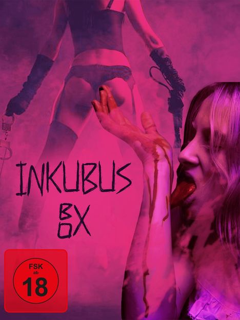 "Inkubus BX" mit FSK 18 Hinweis, rosa-violette Töne, Frau mit Blut an der Hand, sinnlich und mysteriös.