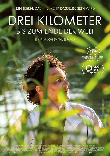 Der Text beschreibt einen Film: "Drei Kilometer bis zum Ende der Welt". Darunter sieht man eine Person in einer grünen Umgebung.