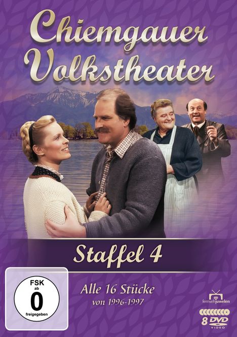 „Chiemgauer Volkstheater“, Staffel 4, alle 16 Stücke von 1996-1997. Zwei Menschen umarmen sich vor See und Bergen.