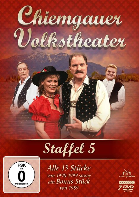 "Chiemgauer Volkstheater, Staffel 5. Alle 13 Stücke von 1998-1999 sowie ein Bonus-Stück von 1989." 

Bayerische Trachtengruppe vor Bergen.