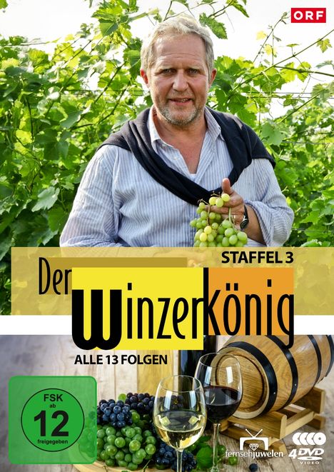 „Der Winzerkönig“, Staffel 3, alle 13 Folgen. Ein Mann hält Trauben im Weinberg, mit einem Glas Weißwein. FSK ab 12.