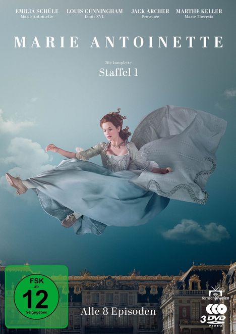 "Marie Antoinette", Staffel 1, alle 8 Episoden. Frau in historischer Kleidung schwebt über einem Palast. FSK 12.