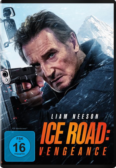 "Liam Neeson, ICE ROAD: VENGEANCE", Mann mit Waffe und entschlossenem Gesichtsausdruck, verschneites Bergpanorama im Hintergrund.