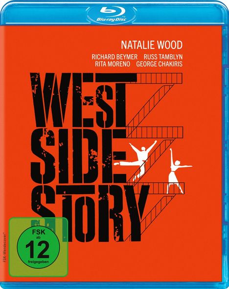 Text: West Side Story, Natalie Wood, Richard Beymer, Russ Tamblyn, Rita Moreno, George Chakiris. Grafik: Tänzer auf Feuerleitern.