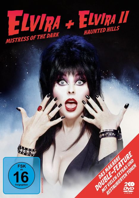 Oben steht "Elvira Mistress of the Dark" und "Elvira II Haunted Hills". Eine Frau mit schwarzem Haar und dramatischem Make-up.