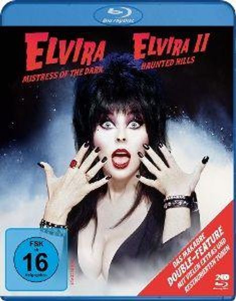"ELVIRA MISTRESS OF THE DARK", "ELVIRA II HAUNTED HILLS", FSK 16, Frau mit schwarzer Kleidung und dramatischer Gestik.